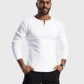 Rib Knit Curved Hem Long Sleeve Henley Shirt - Ahaselected