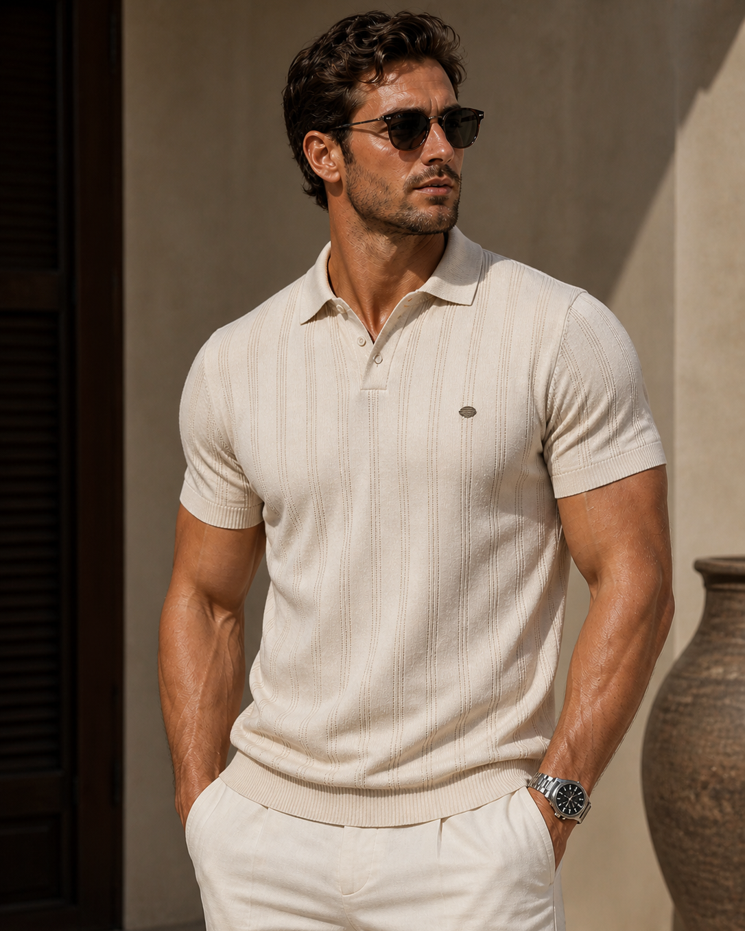 Men’s Striped Textured Knit Polo Shirt