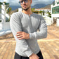 Rib Knit Curved Hem Stretch Long Sleeve Henley Shirt - Ahaselected