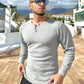 Rib Knit Curved Hem Stretch Long Sleeve Henley Shirt - Ahaselected