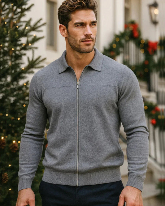Men’s Full-Zip Collared Knit Cardigan - Ahaselected
