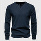 Rib Knit Curved Hem Long Sleeve Henley Shirt - Ahaselected